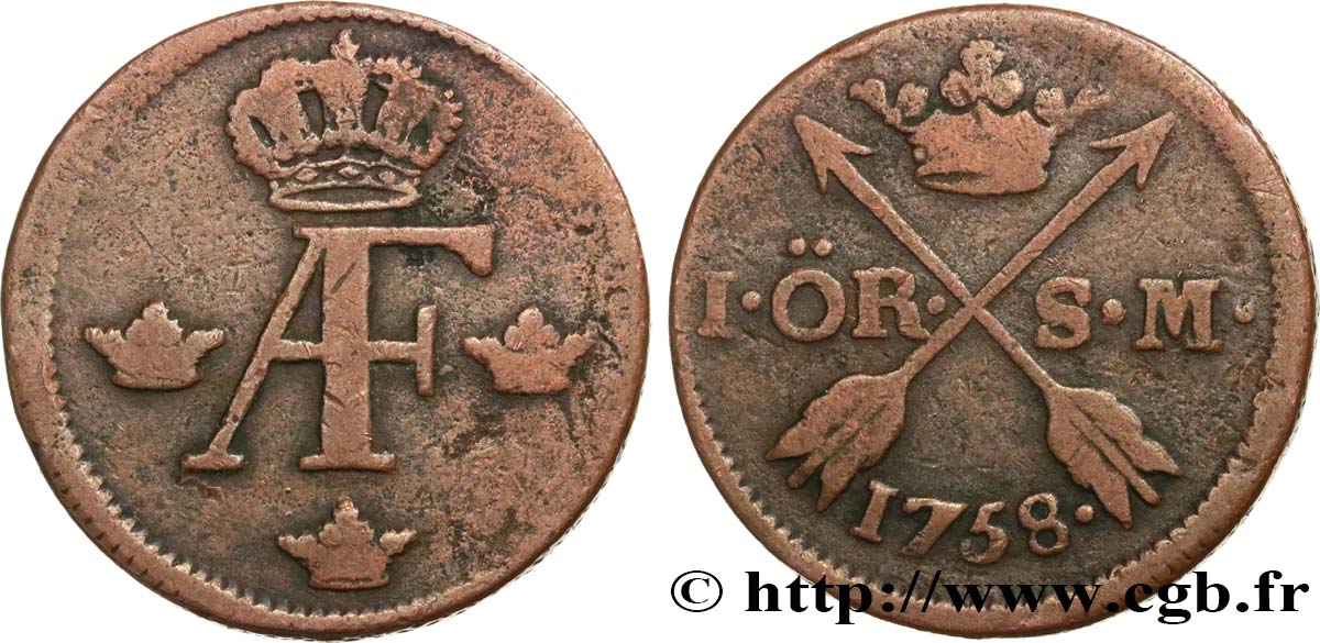 SUÈDE 1 Ore Adolphe Frédéric 1758  TB+/TTB 