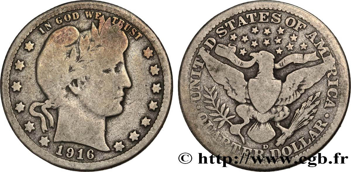 UNITED STATES OF AMERICA 1/4 Dollar Barber 1916 Denver VF 