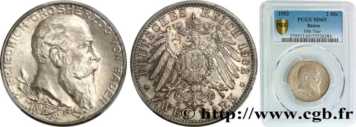 ALEMANIA - BADEN 2 Mark 50 ans de règne de Frédéric 1902 Karlsruhe FDC65 PCGS