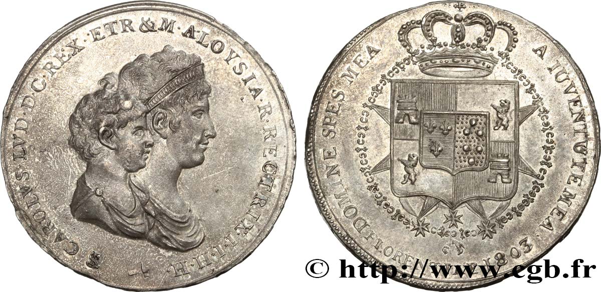 ITALIE - ROYAUME D ÉTRURIE - CHARLES-LOUIS et MARIE-LOUISE 1/2 Dena ou 5 lires 1803 Florence MS 