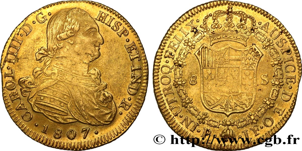 COLOMBIA - CHARLES IV 8 Escudos 1807 Popayan AU 