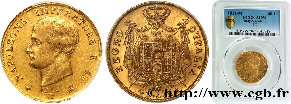 ITALIE - ROYAUME D ITALIE - NAPOLÉON Ier 40 Lire 1811 Milan SUP58 PCGS