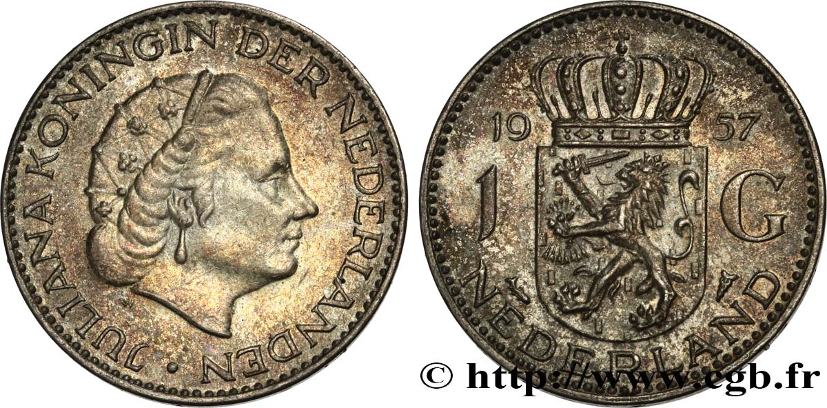 NETHERLANDS 1 Gulden Juliana 1957  AU 