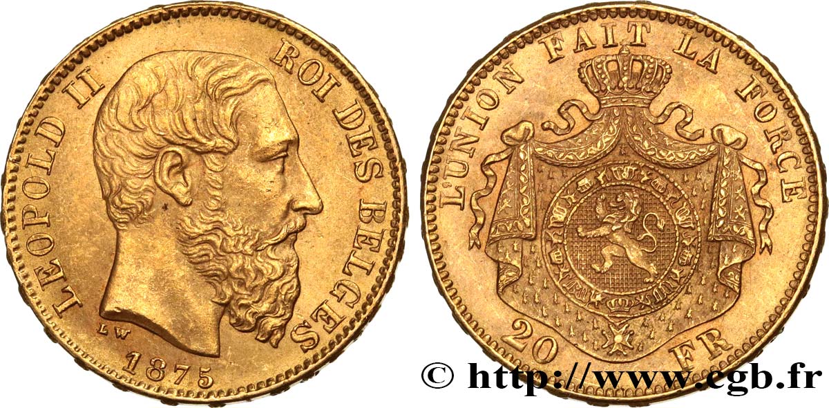 GOLD, PALLADIUM & PLATINUM INVESTMENT 20 Francs Léopold II 1875 Bruxelles AU 