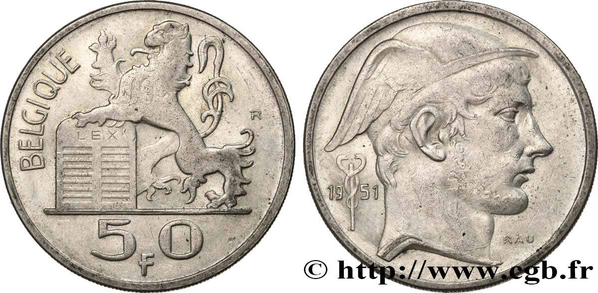 BELGIQUE 50 Francs Mercure légende française 1951  TTB+ 