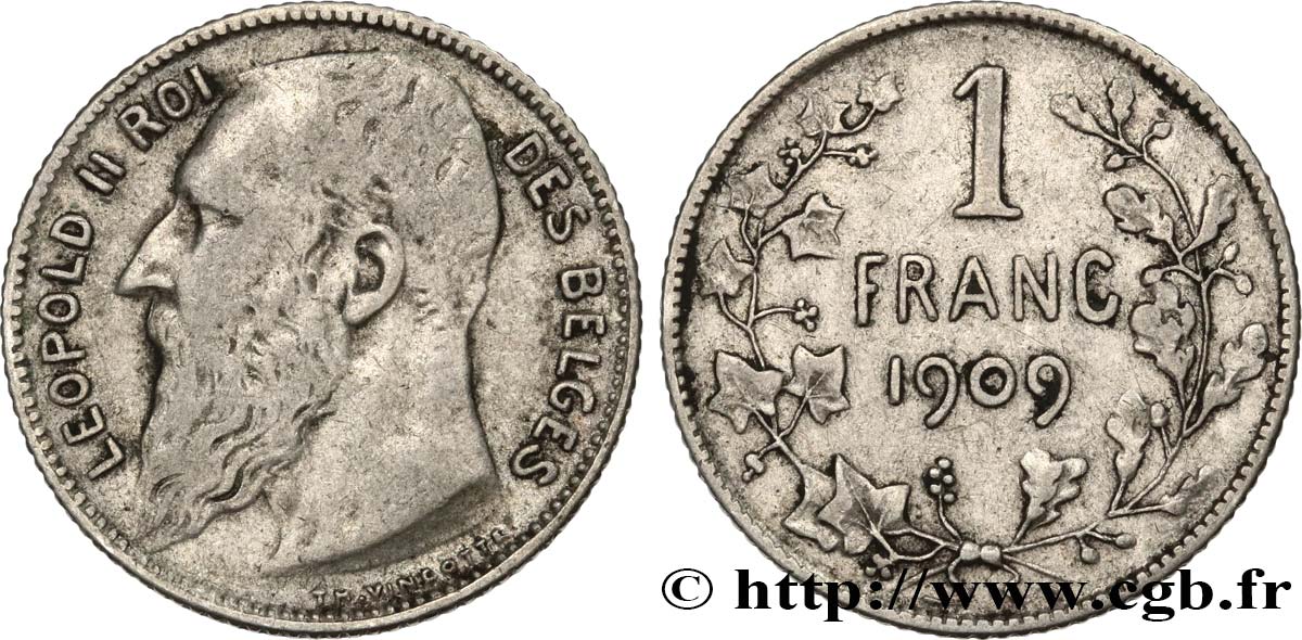 BELGIQUE 1 Franc Léopold II légende française 1909  TB+ 