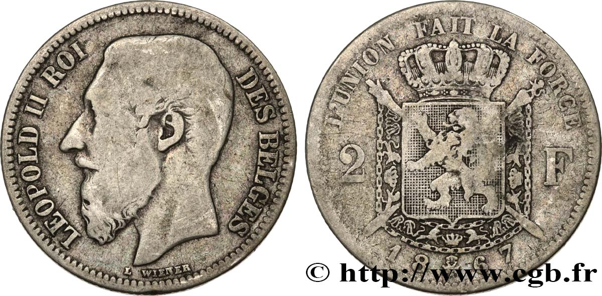 BELGIQUE 2 Francs Léopold II légende française 1867  TB 