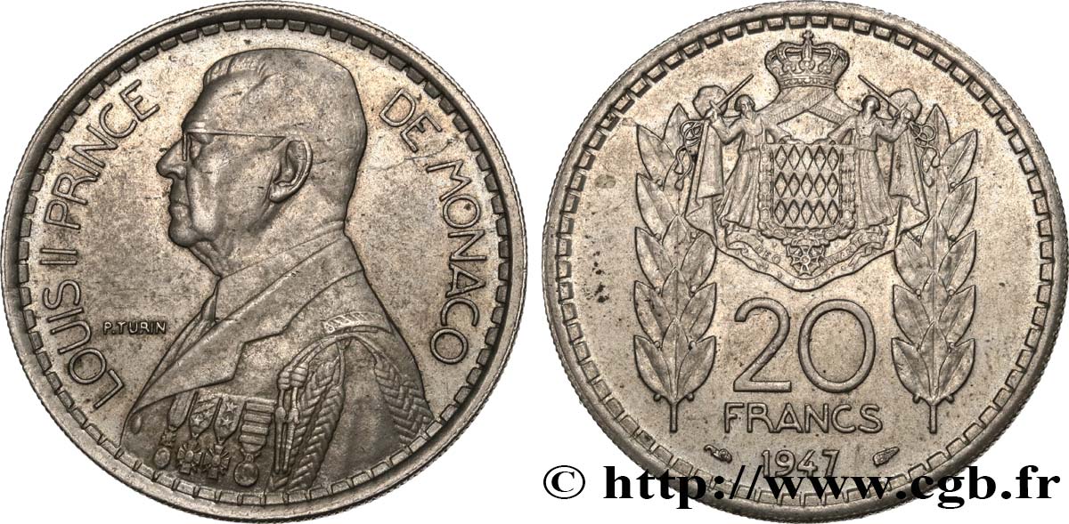 MONACO 20 Francs prince Louis II 1947 Paris fVZ 