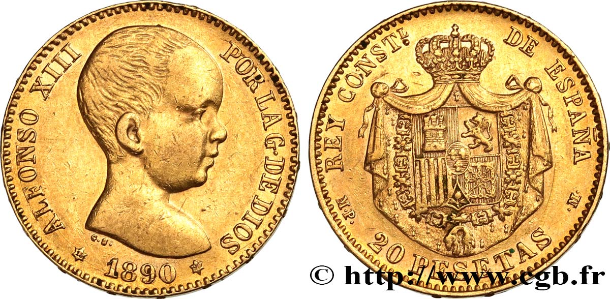 SPANIEN 20 Pesetas Alphonse XIII 1890 Madrid SS 