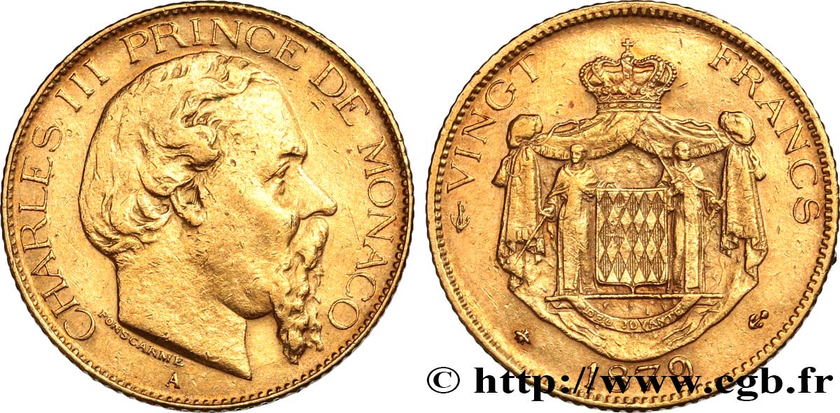 MONACO 20 Francs or Charles III 1879 Paris TB+/TTB 