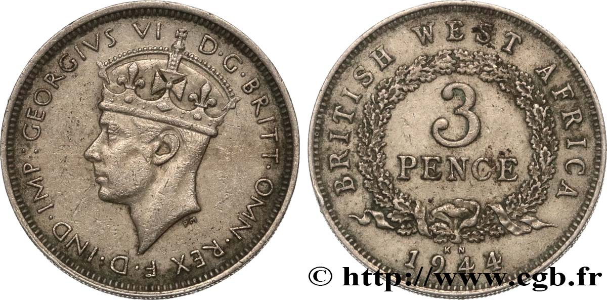BRITISH WEST AFRICA 3 Pence Georges VI 1944 Kings Norton - KN AU 