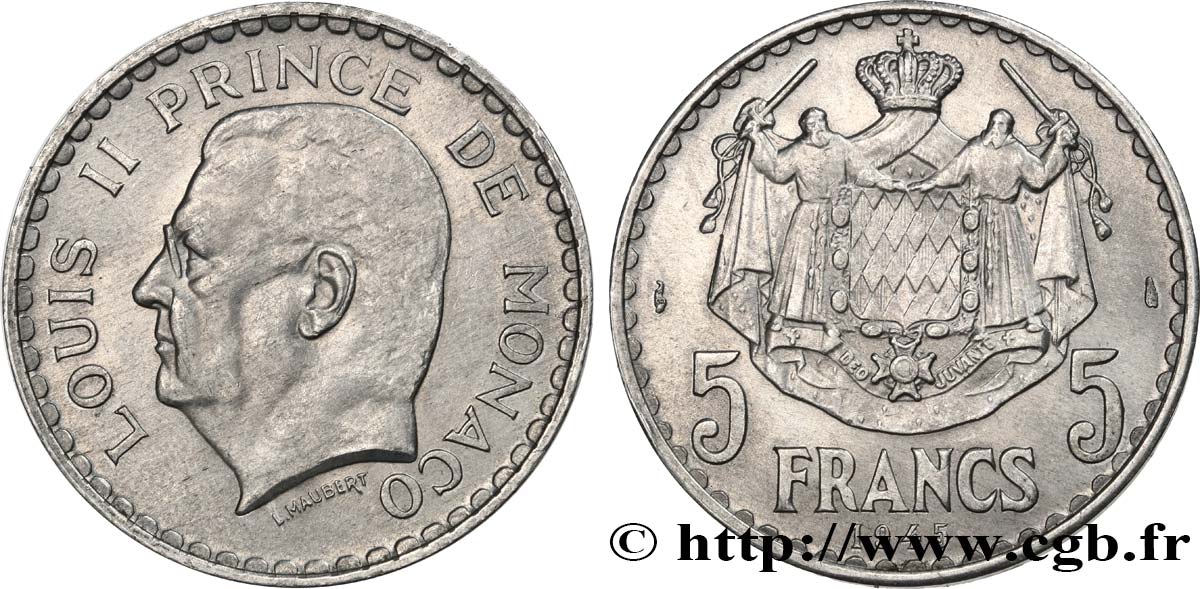 MONACO 5 Francs Louis II 1945 Paris VZ 
