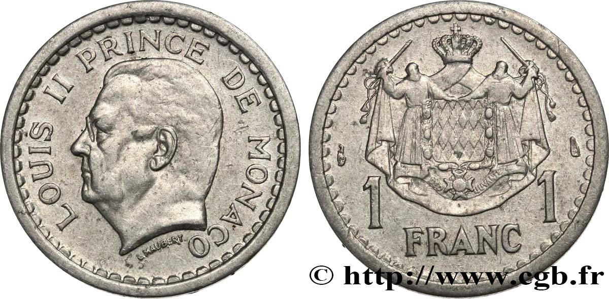 MONACO 1 Franc Louis II 1943 Paris MBC 