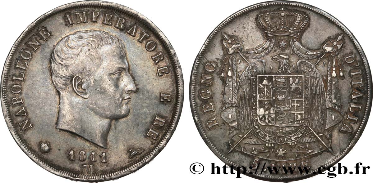 ITALIE - ROYAUME D ITALIE - NAPOLÉON Ier 5 Lire 1811 Milan TTB+ 