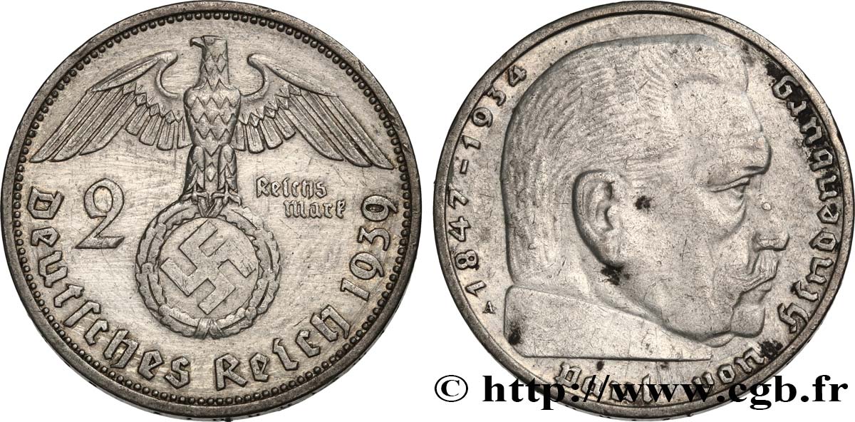 GERMANY 2 Reichsmark Maréchal Paul von Hindenburg 1939 Berlin XF 
