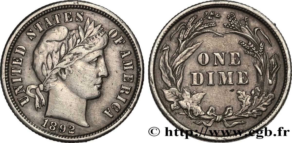 UNITED STATES OF AMERICA 1 Dime Barber 1892 Philadelphie XF 