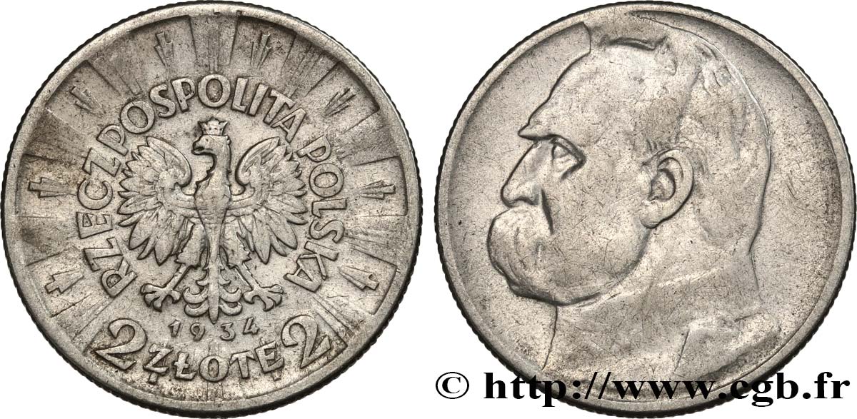 POLEN 2 Zlote aigle / Joseph Pilsudski, 20e anniversaire de la fondation de la Ligue des fusiliers polonais 1934 Varsovie SS 