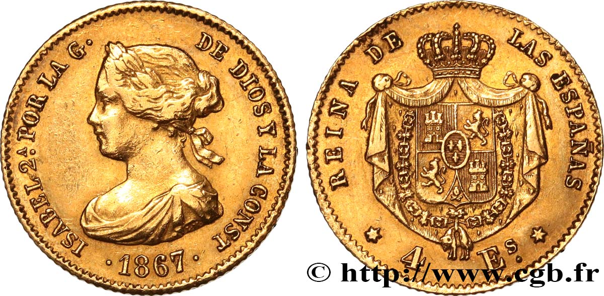 SPAIN 4 Escudos Isabelle II 1867 Madrid XF/AU 