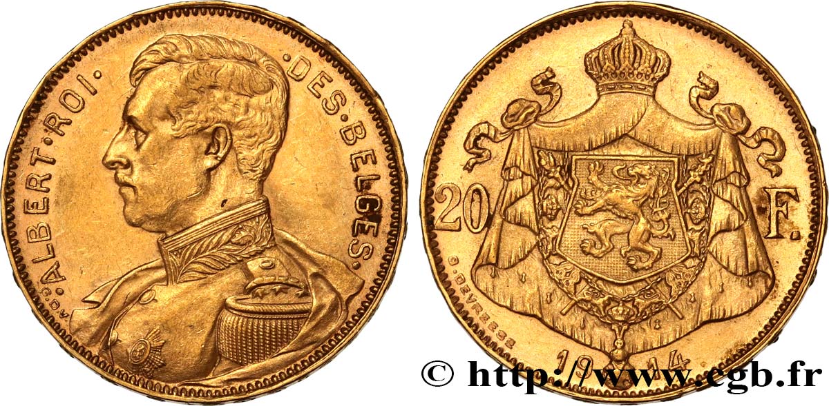 BELGIEN 20 Francs or Albert Ier légende française 1914  fVZ 