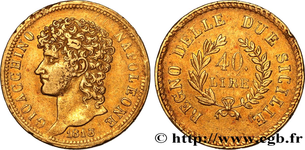 ITALIA - REINO DE NÁPOLES - JOAQUÍM MURAT 40 Lire or, rameaux longs 1813 Naples BC+/MBC 
