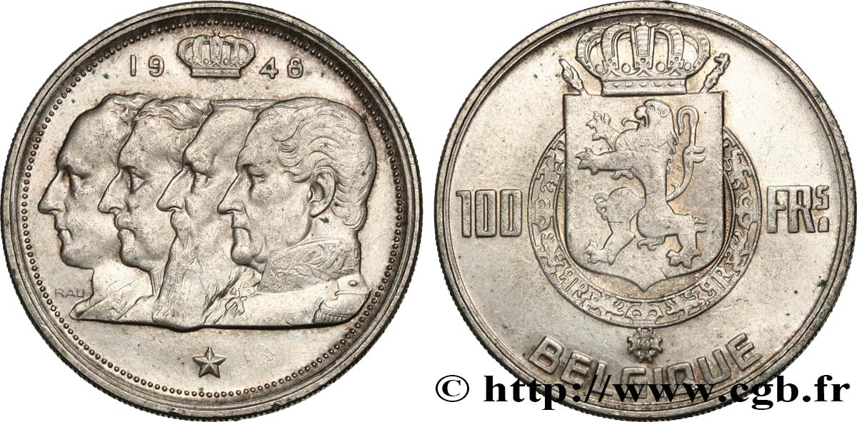 BELGIQUE 100 Francs bustes des quatre rois de Belgique, légende française 1948  TTB+ 