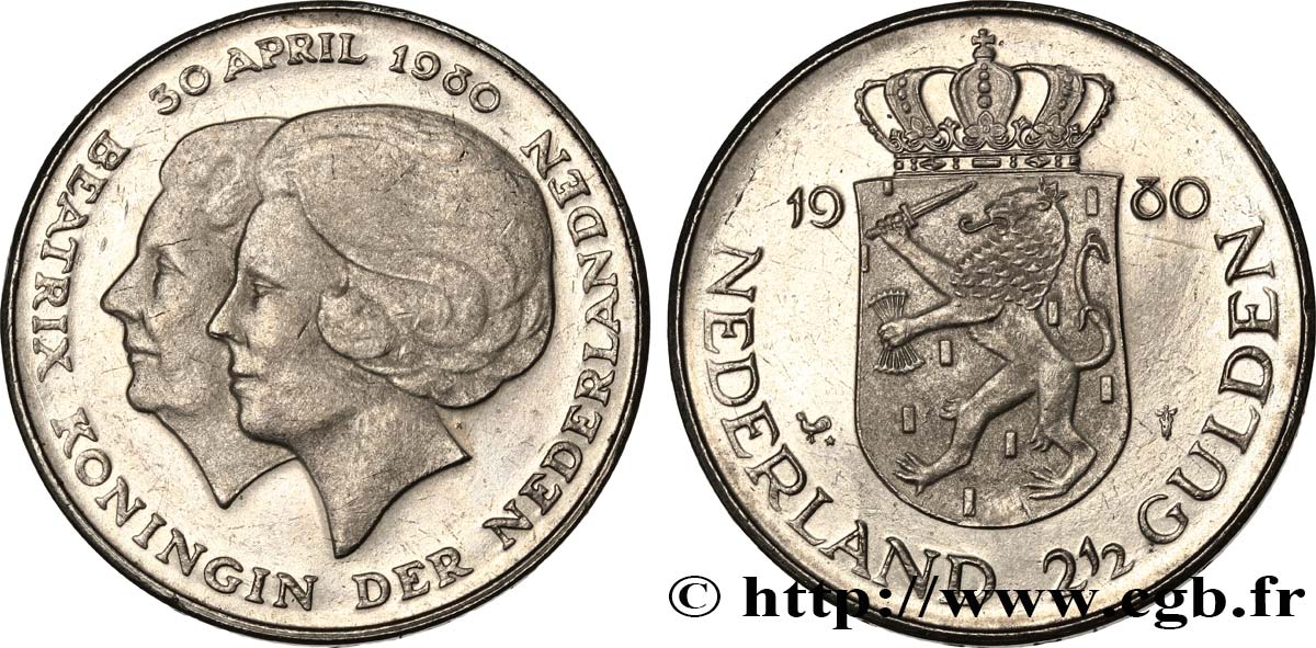 PAYS-BAS 2 1/2 Gulden couronnement de la reine Beatrix, buste de Juliana au second plan 1980 Utrecht SUP 