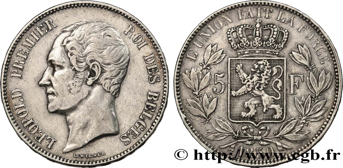 BELGIQUE 5 Francs Léopold Ier 1850  TTB 