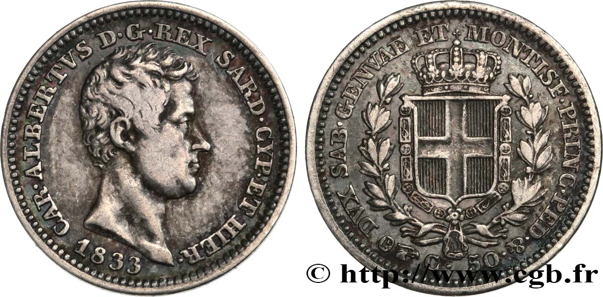 ITALY - KINGDOM OF SARDINIA 50 Centesimi Charles Albert 1833 Turin XF/AU 