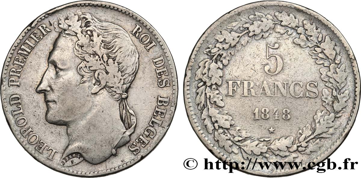 BELGIQUE 5 Francs Léopold Ier tête laurée 1848  TB+ 