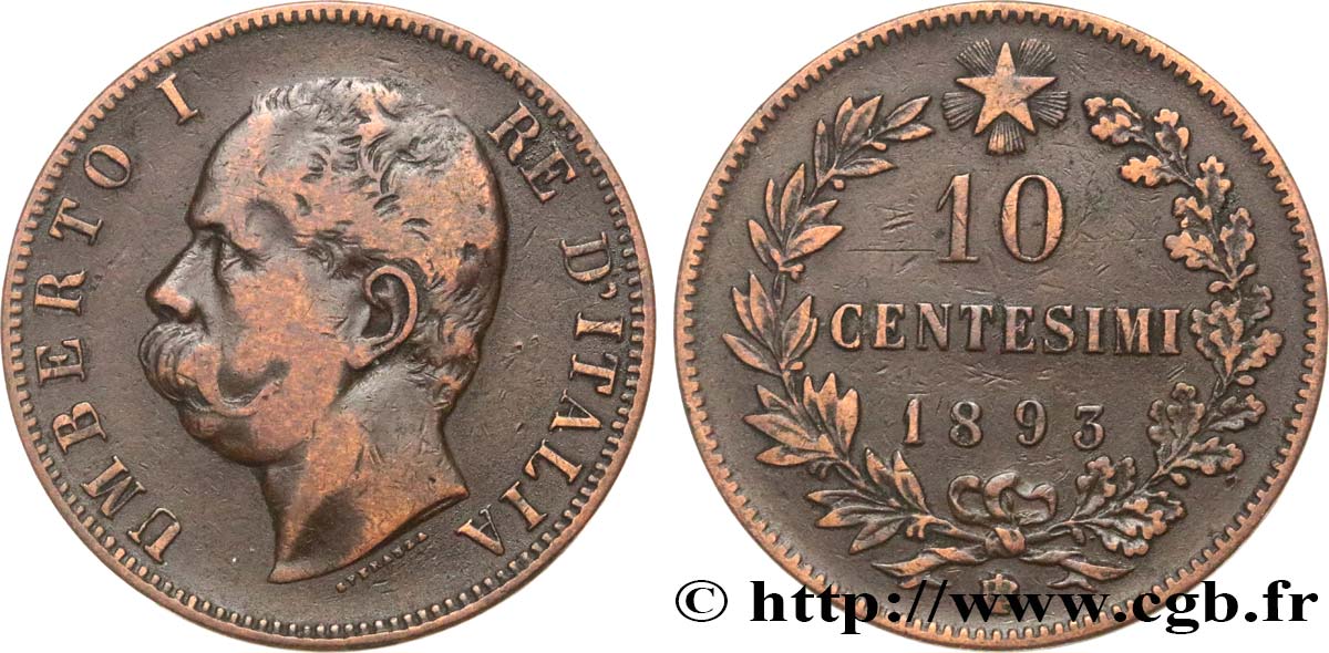 ITALIEN 10 Centesimi Humbert Ier 1893 Birmingham fSS 