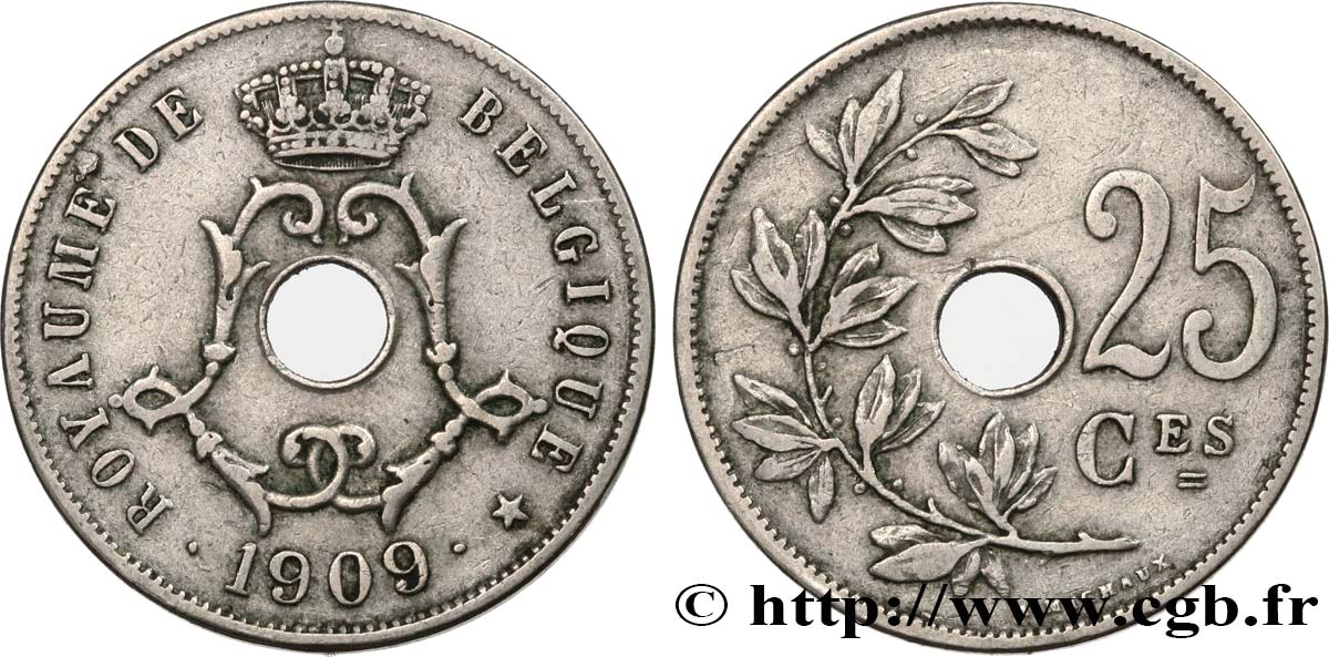 BELGIUM 25 Centimes 1909  AU 