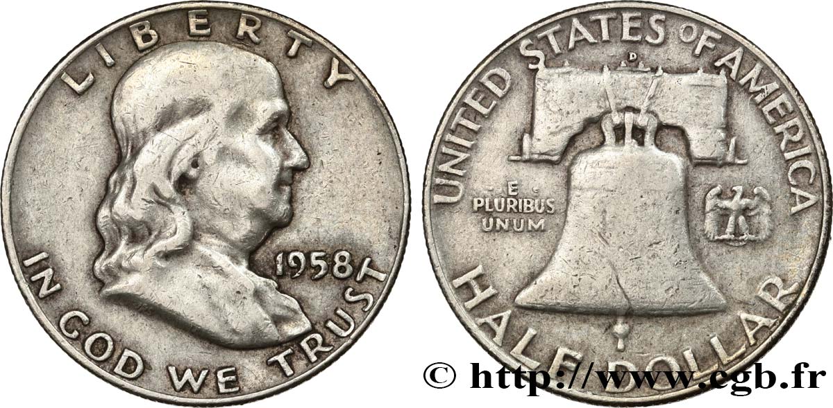 UNITED STATES OF AMERICA 1/2 Dollar Benjamin Franklin 1958 Denver VF 