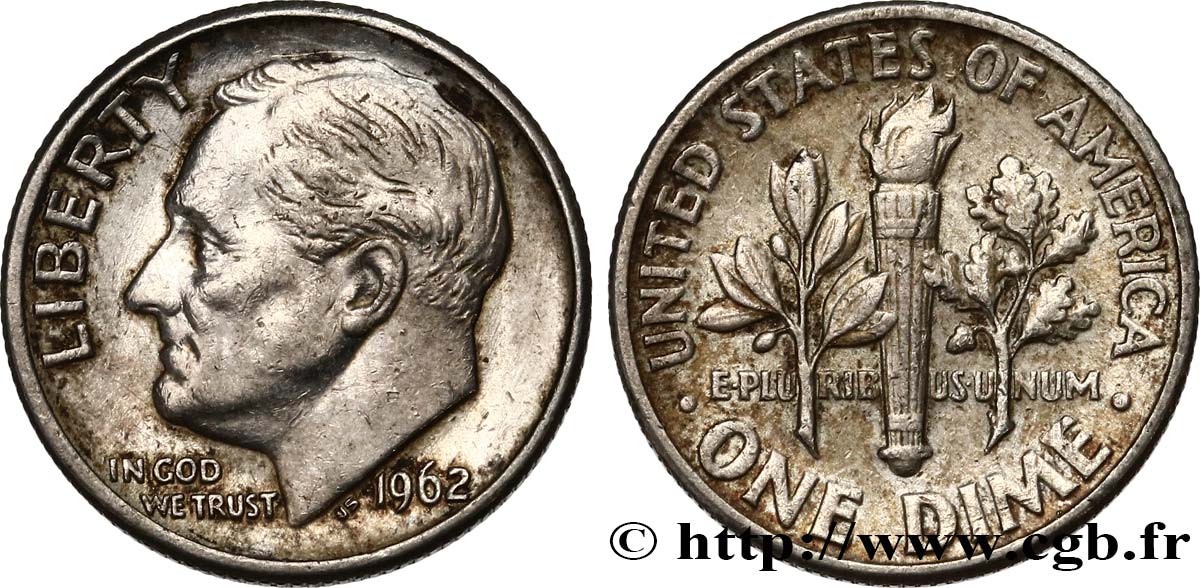 UNITED STATES OF AMERICA 1 Dime (10 Cents) Roosevelt 1962 Philadelphie AU 