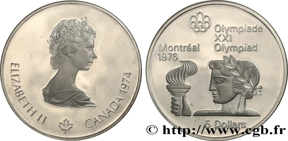 CANADA 5 Dollars Proof JO Montréal 1976 torche olympique / Elisabeth II 1974  MS 