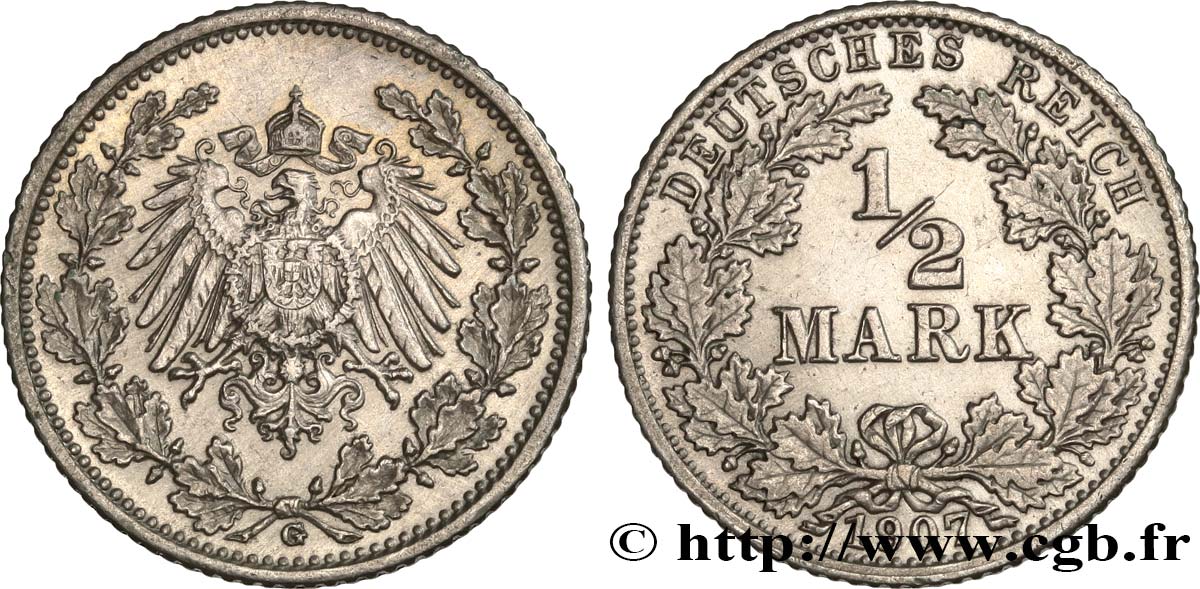 ALLEMAGNE 1/2 Mark Empire aigle impérial 1907 Karlsruhe - G SUP 