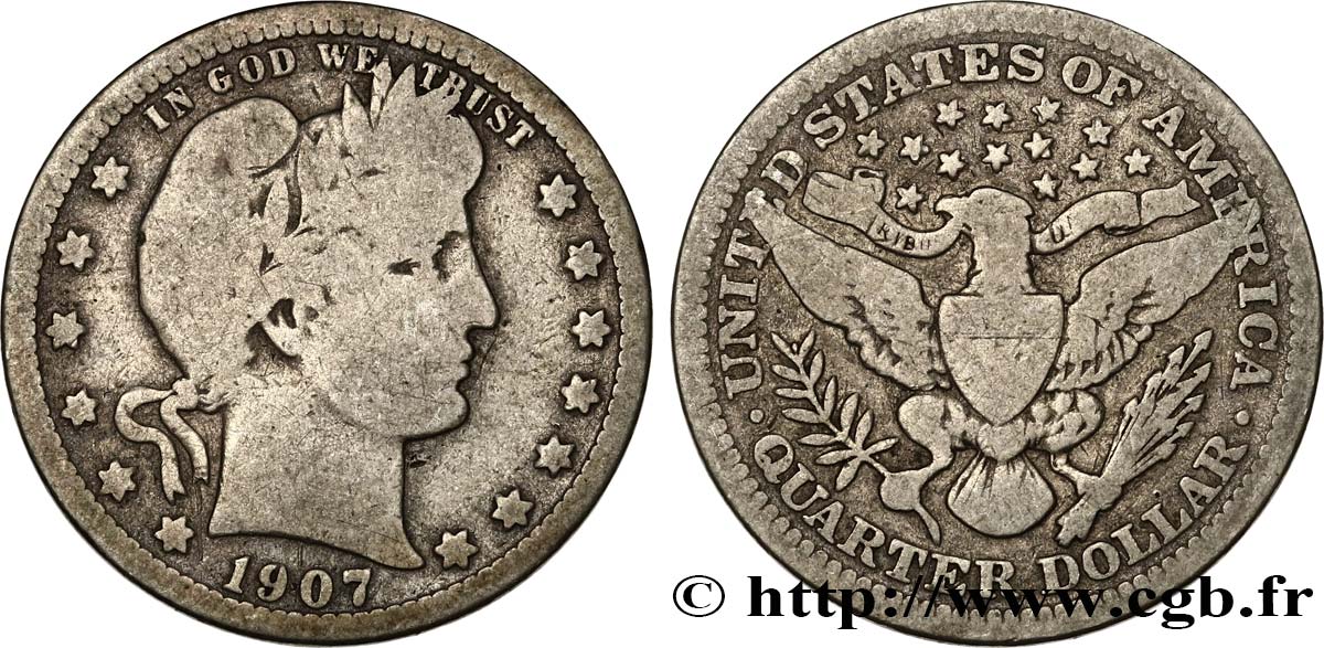 UNITED STATES OF AMERICA 1/4 Dollar Barber 1907 Philadelphie VF 