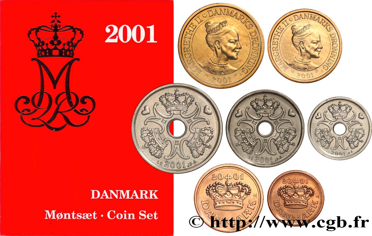 DANEMARK Série 7 Monnaies Margrethe II 2001  FDC 