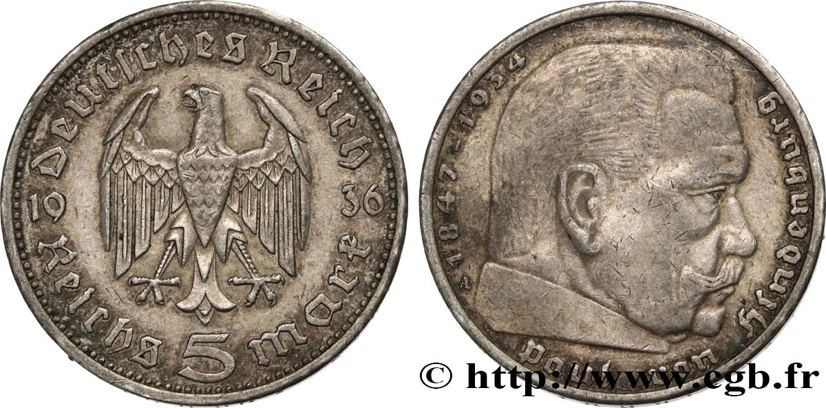 ALEMANIA 5 Reichsmark Maréchal Paul von Hindenburg 1936 Berlin MBC 