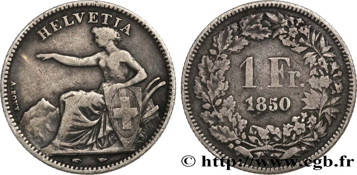 SWITZERLAND - HELVETIC CONFEDERATION 1 Franc Helvetia assise 1850 Paris VF 