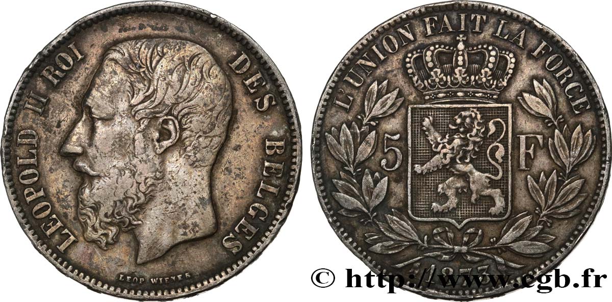 BELGIUM 5 Francs Léopold II 1873  VF 