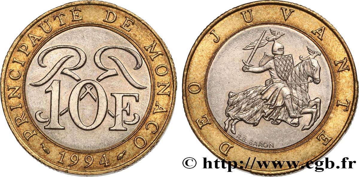 MONACO 10 Francs monogramme de Rainier III / chevalier en armes 1994 Paris SPL 