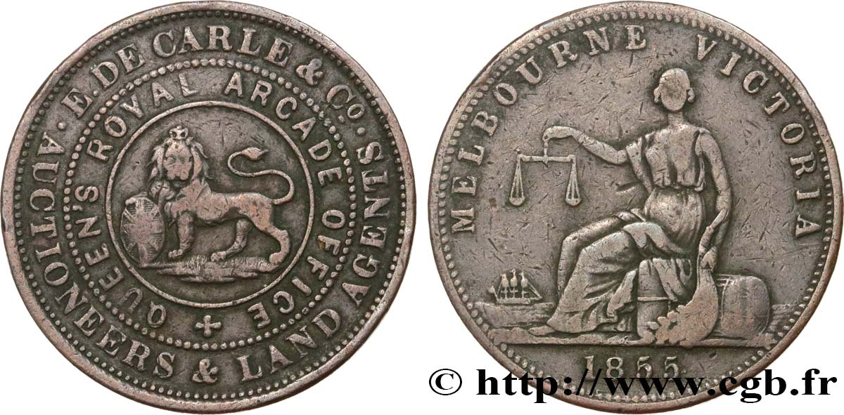 AUSTRALIE Token de 1 Penny publicitaire pour E. De Carle & Co. Auctioners 1855  TB+ 