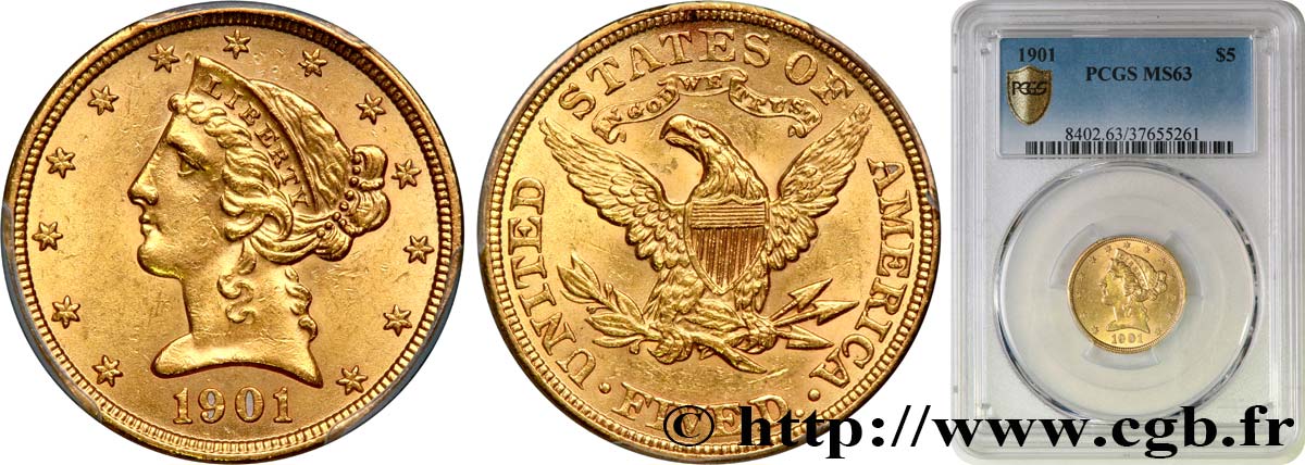 ÉTATS-UNIS D AMÉRIQUE 5 Dollars  Liberty  1901 Philadelphie SPL63 PCGS