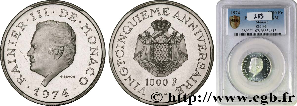 MONACO 1000 Francs proof Platine 25e anniversaire de règne de Rainier III 1974 Paris FDC67 PCGS
