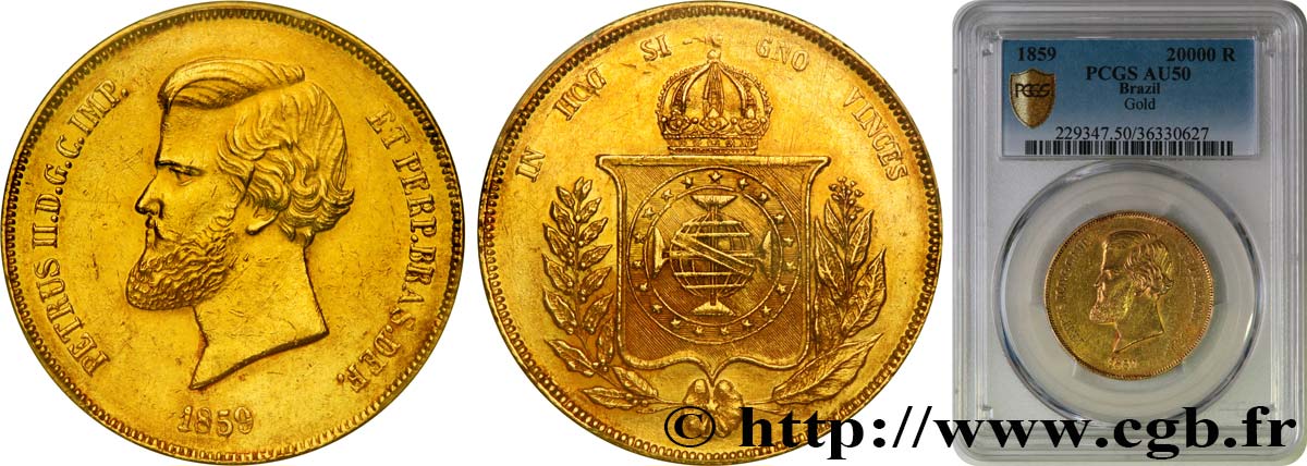 BRÉSIL - EMPIRE DU BRÉSIL - PIERRE II 20.000 Reis 1859 Rio de Janeiro BB50 PCGS