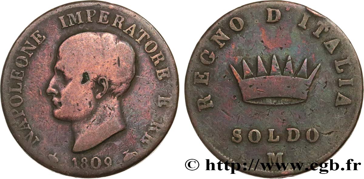 ITALY - KINGDOM OF ITALY - NAPOLEON I 1 Soldo 1809 Milan VF 