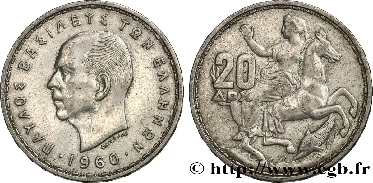 GRIECHENLAND 20 Drachmes Paul Ier 1960  VZ 