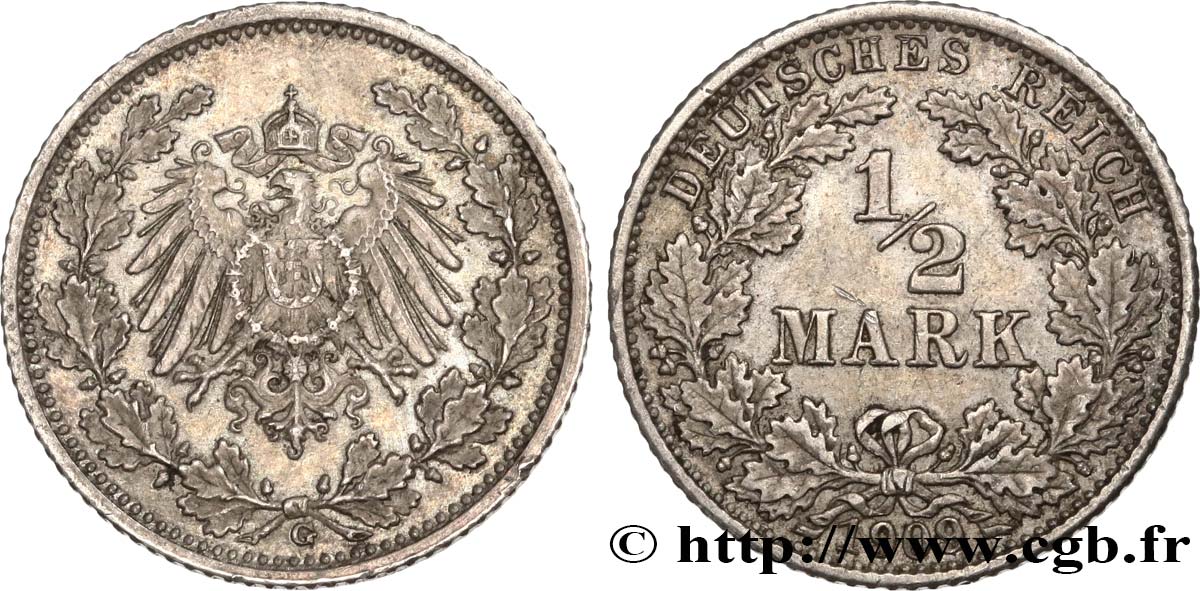 ALLEMAGNE 1/2 Mark Empire aigle impérial 1909 Karlsruhe - G SUP 