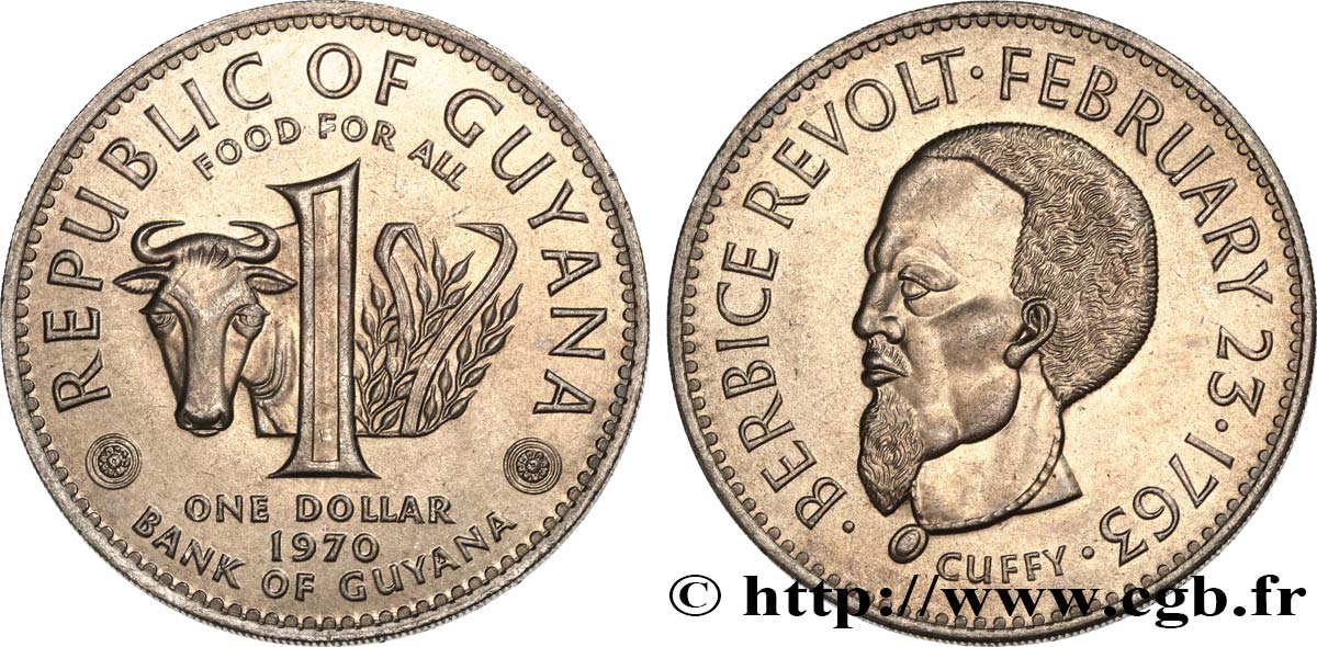 GUIANA 1 Dollar portrait de l’esclave Cuffy, chef de la révolte de Berbice en 1763 1970  MS 