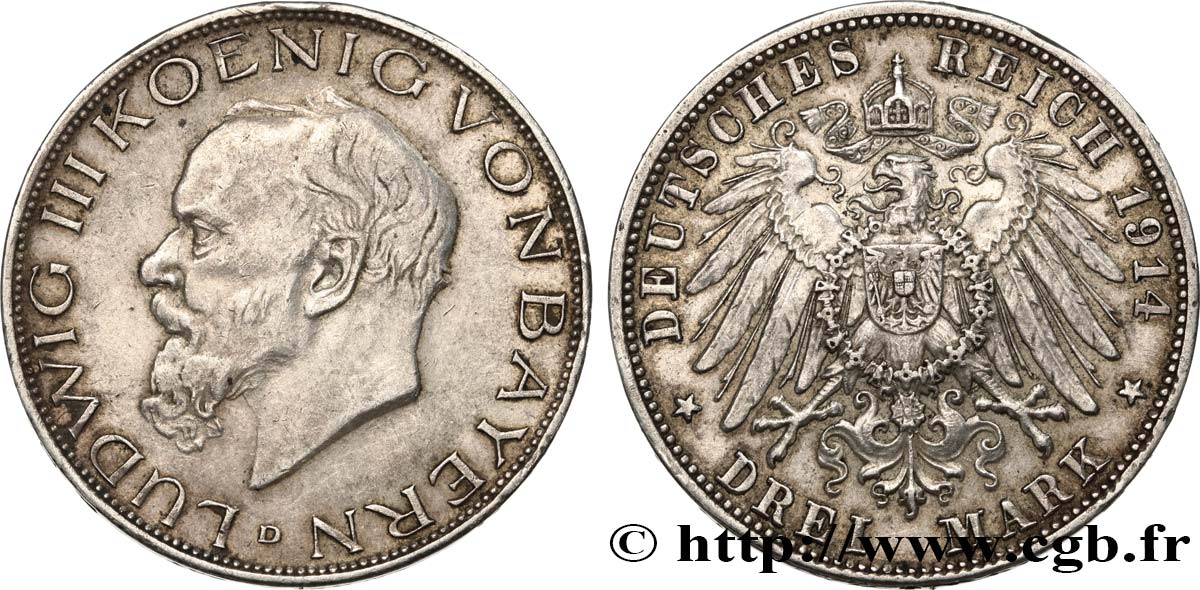 GERMANIA - BAVIERIA 3 Mark Louis III 1914 Munich BB 